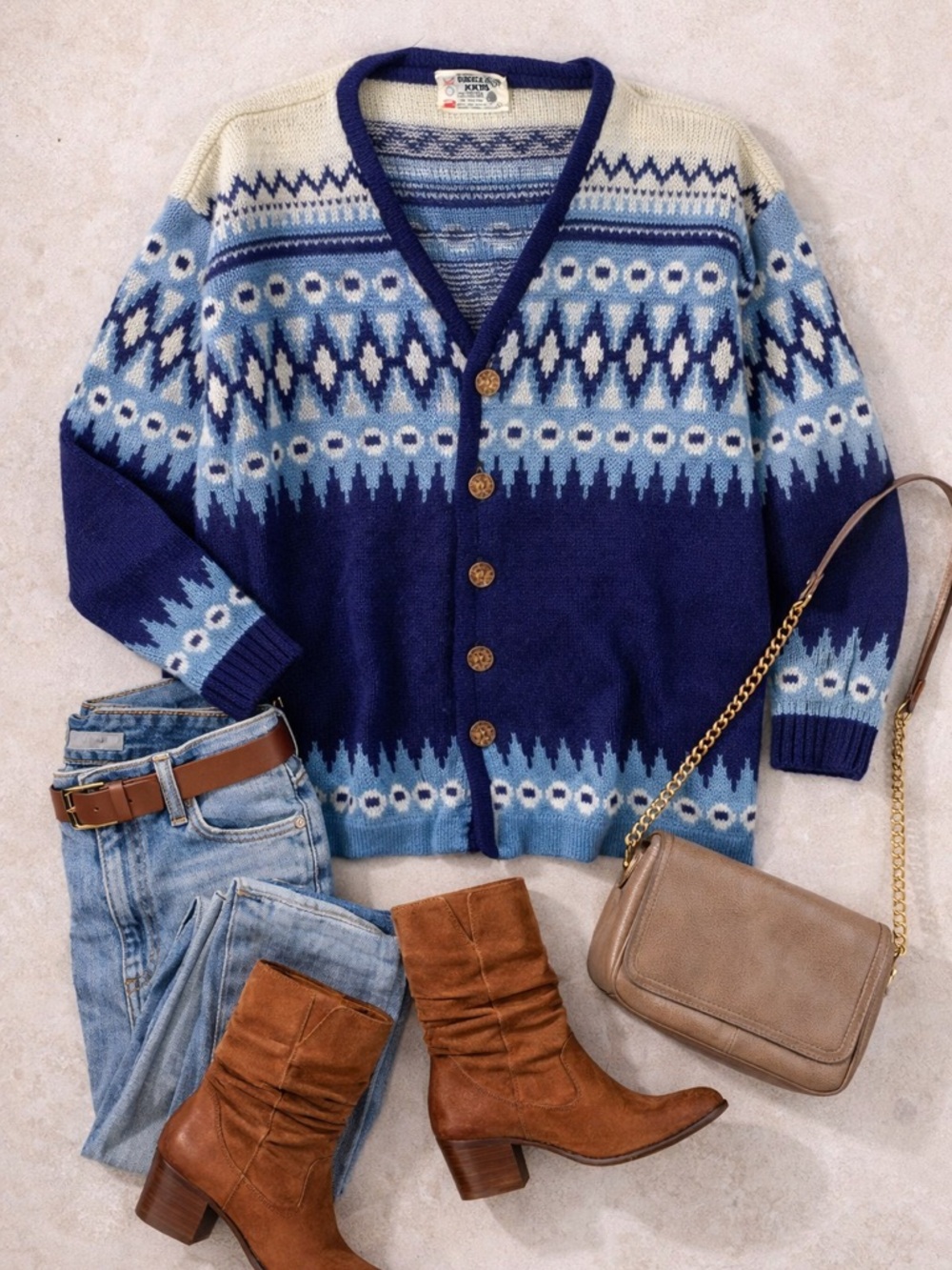 Vintage White Ram Wool Cardigan Blue Fair Isle Nordic Knit Button Front Size M/L